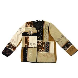 Vintage Indigo Moon Patchwork Boho Jacket XS Oversized Artsy Indie Cotton Linen